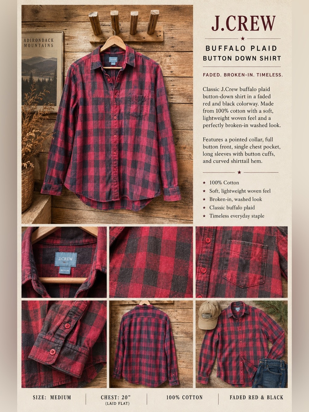 J. Crew Buffalo Plaid Button Down Shirt Red Black Cotton Medium
